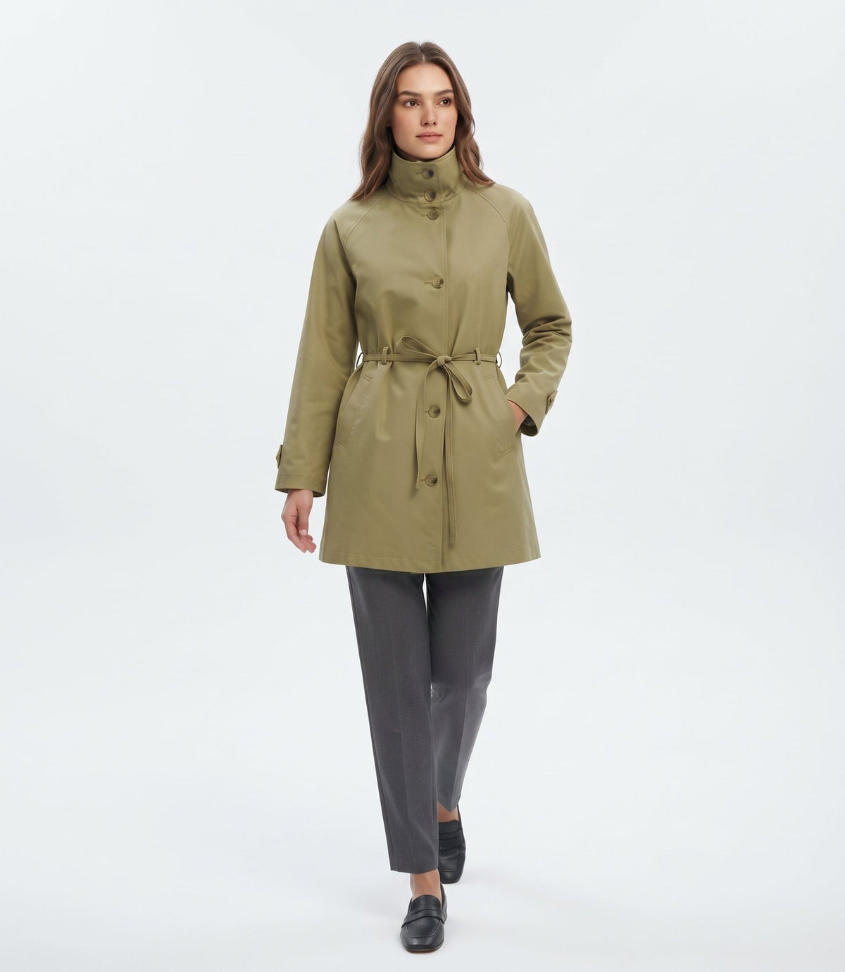 Haki Dik Yaka Kuşaklı Oversize Trençkot - LUMINOIRE