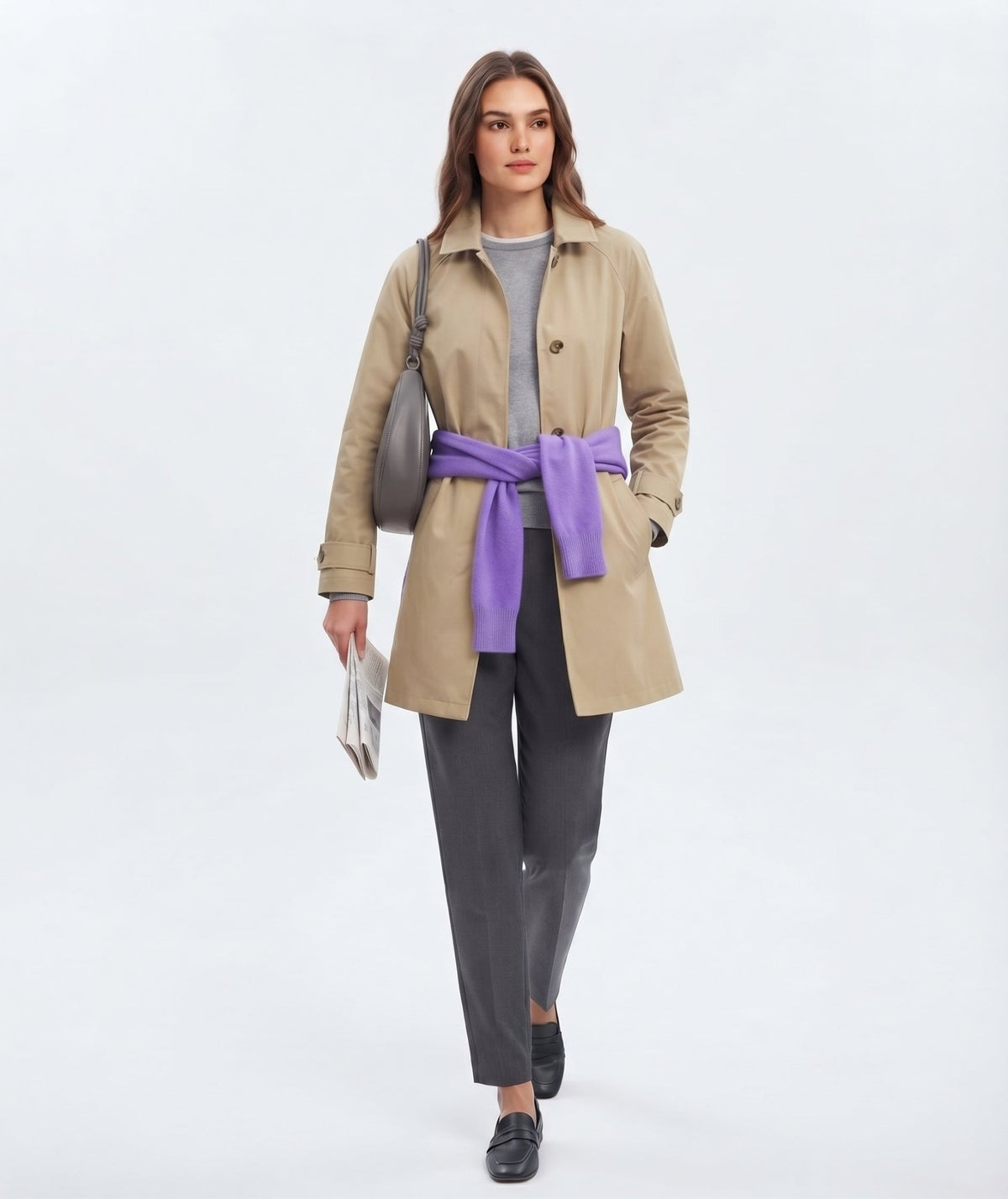Haki Dik Yaka Kuşaklı Oversize Trençkot - LUMINOIRE