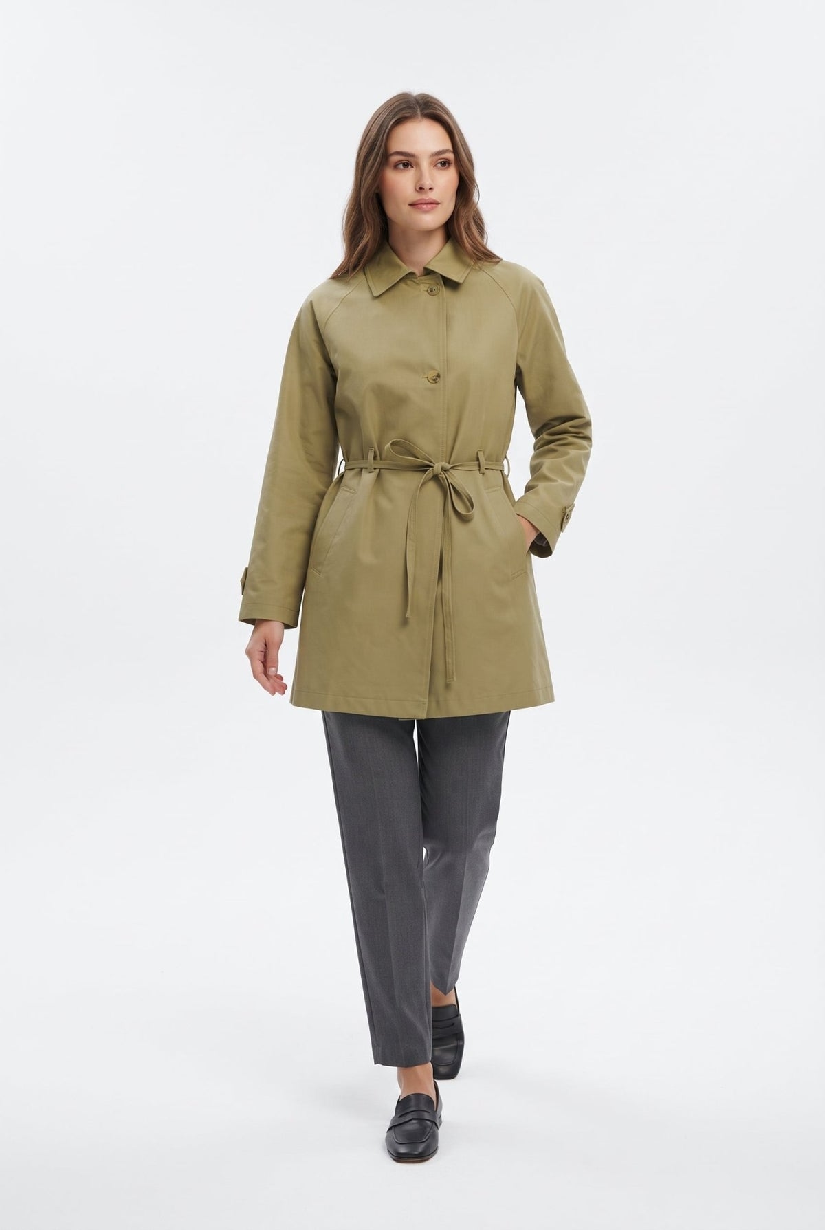 Haki Dik Yaka Kuşaklı Oversize Trençkot - LUMINOIRE