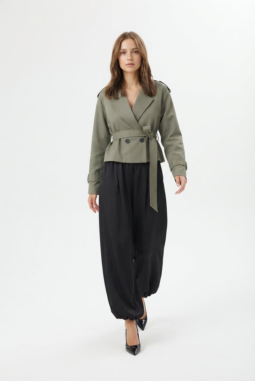 Haki Premium Dokuma Crop Blazer Ceket - LUMINOIRE
