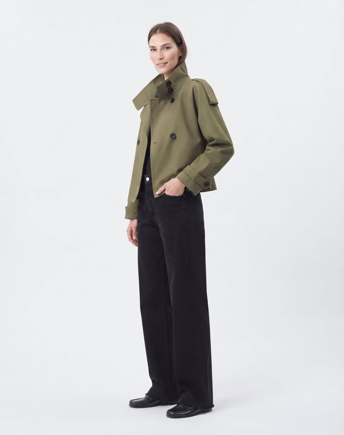 Haki Regular Fit Dik Yaka Kemerli Kruvaze Gabardin Kısa Trençkot - LUMINOIRE
