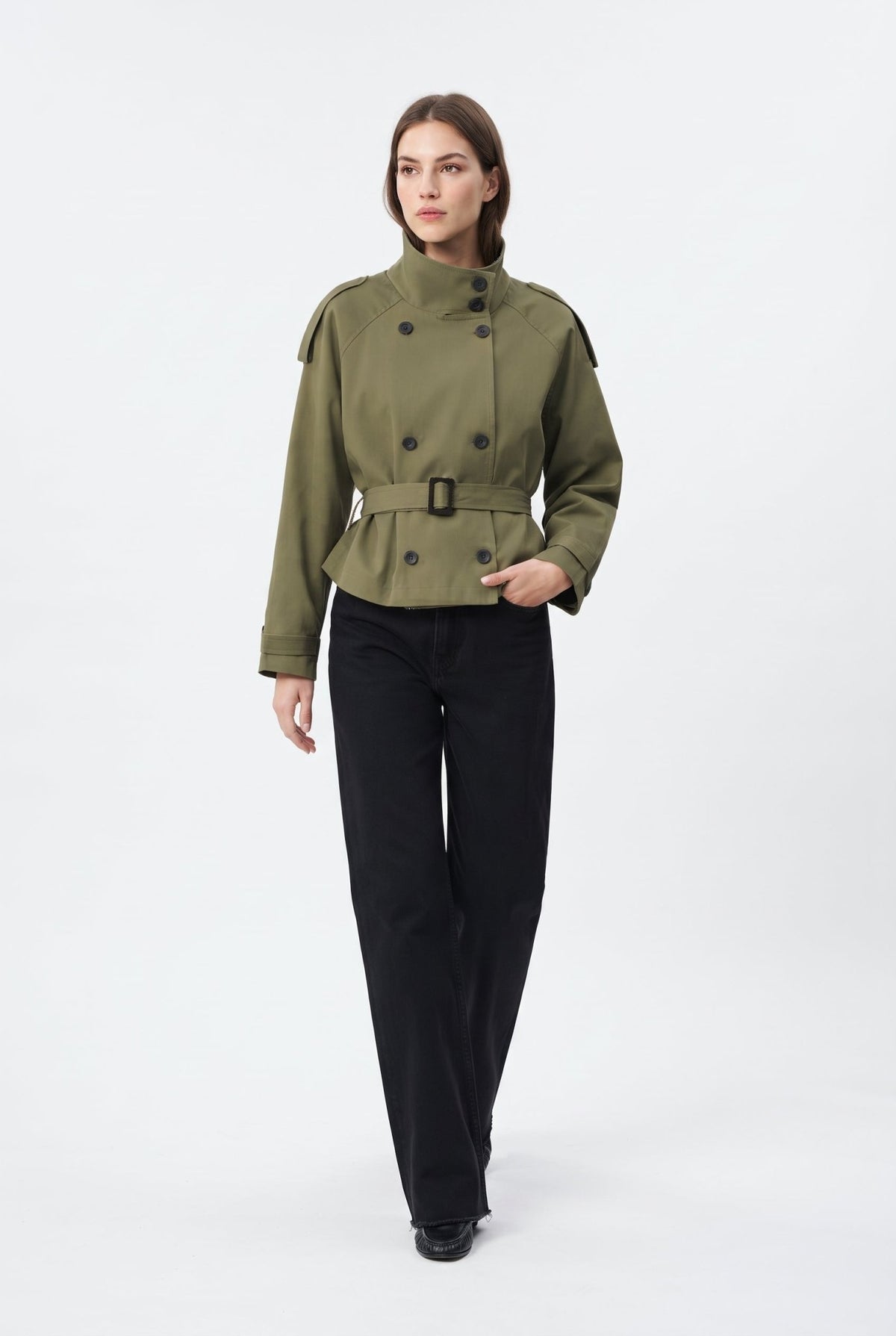 Haki Regular Fit Dik Yaka Kemerli Kruvaze Gabardin Kısa Trençkot
