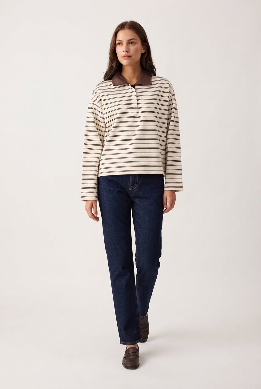Kahverengi Çizgili More Sustainable Dokuma Yakalı Oversize Örme T-shirt/Sweatshirt - LUMINOIRE