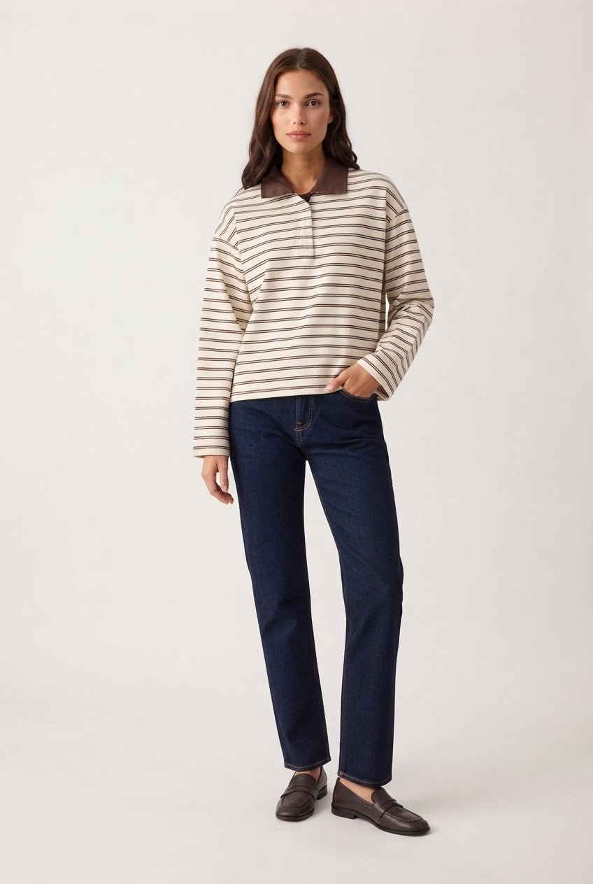 Kahverengi Çizgili More Sustainable Dokuma Yakalı Oversize Örme T-shirt/Sweatshirt - LUMINOIRE
