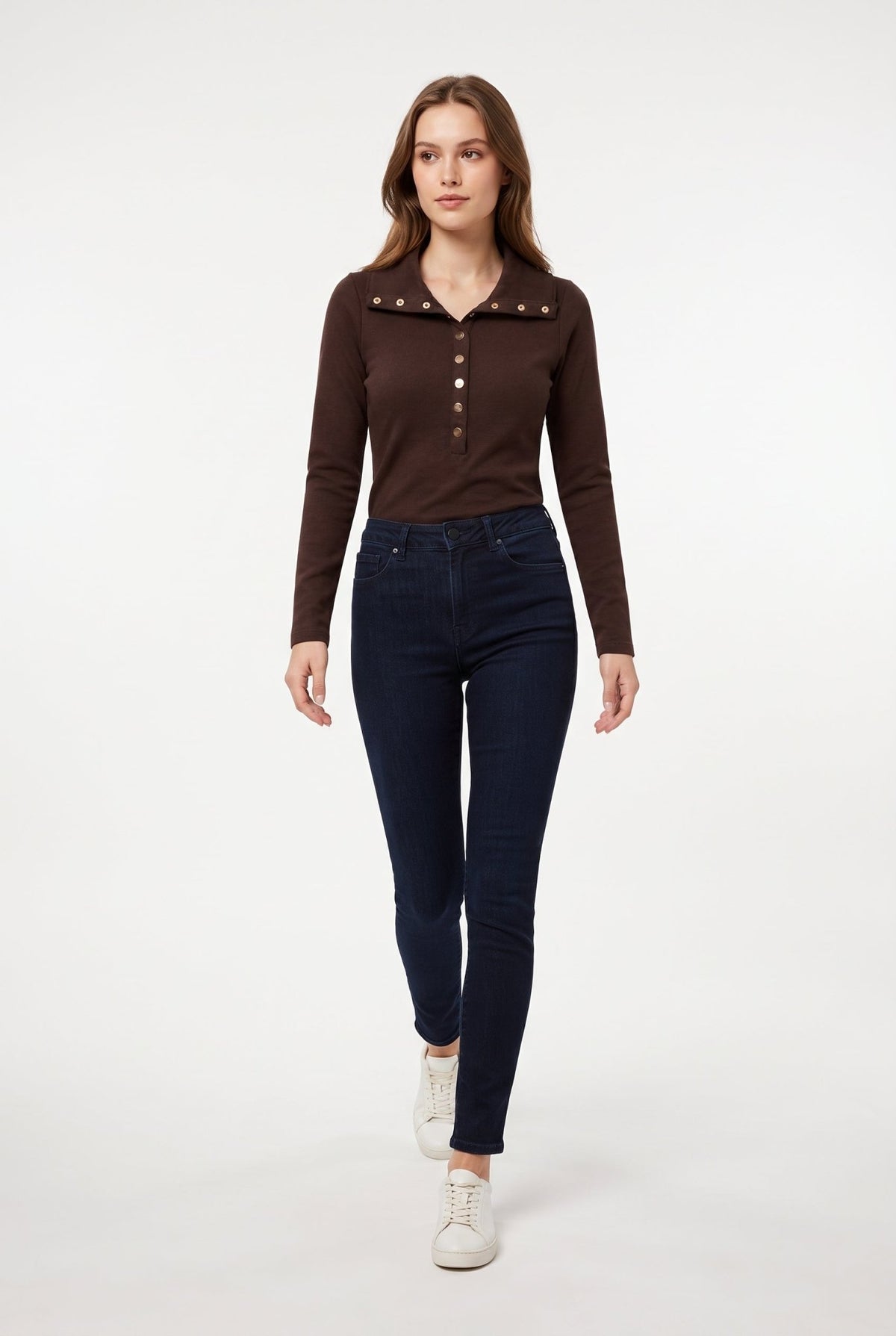 Kahverengi Düğmeil Nakışlı Selanik Regular Polo Yaka Örme Sweatshirt - LUMINOIRE