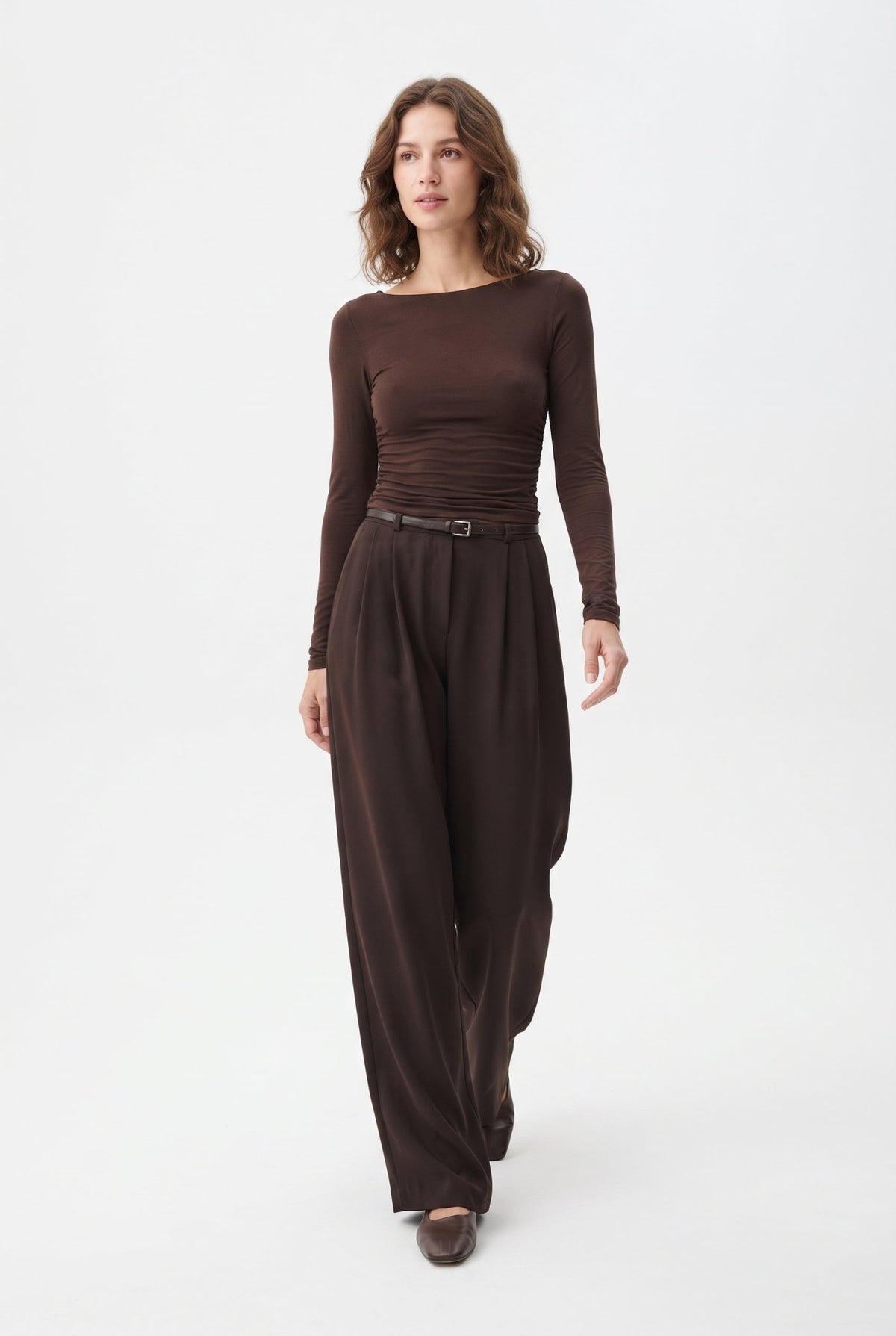 Kahverengi Kemerli Pilili Wide Leg/Extra Geniş Paça Dokuma Pantolon - LUMINOIRE