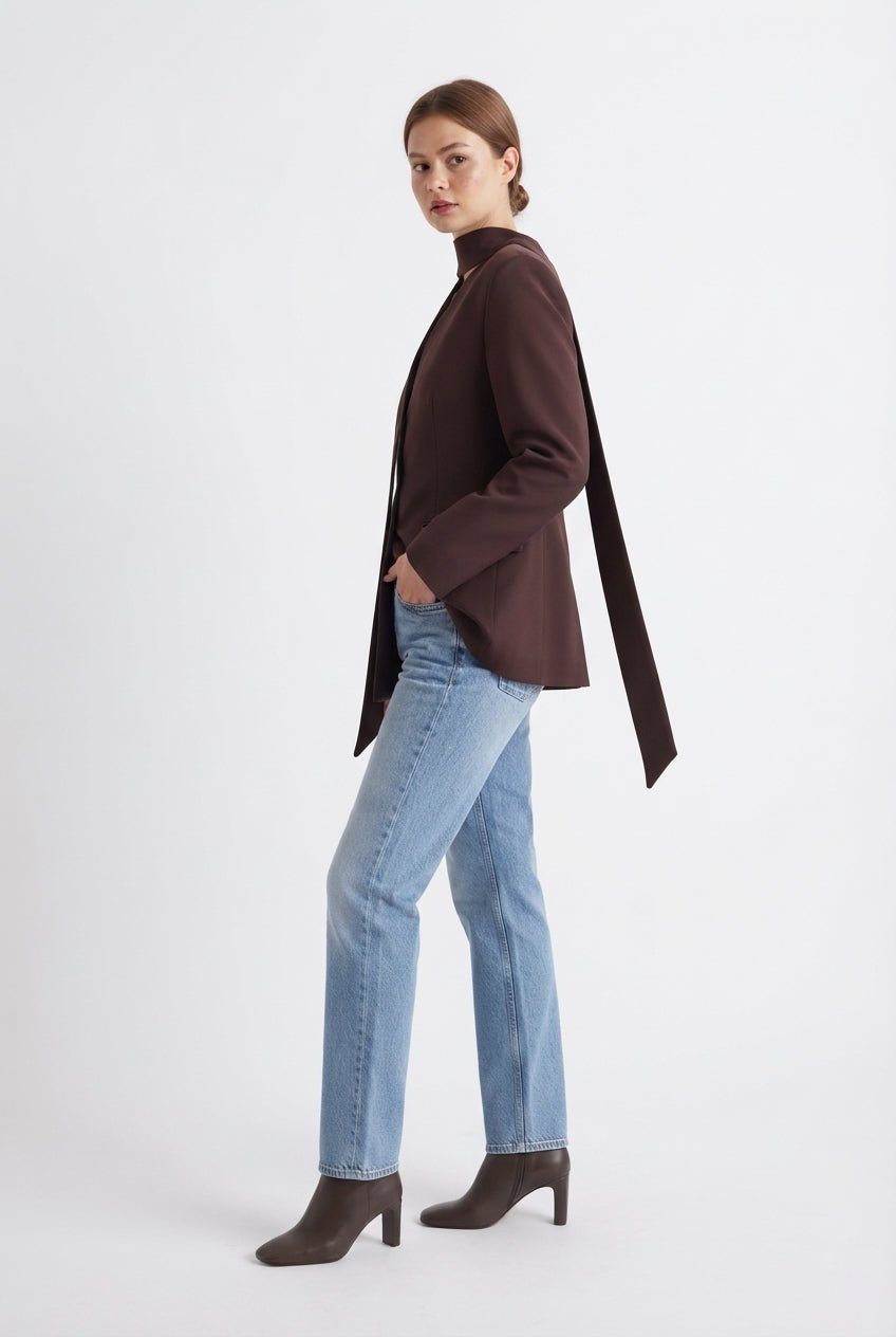 Kahverengi Kendinden Fularlı Fitted/Vücuda Oturan Blazer Ceket - LUMINOIRE
