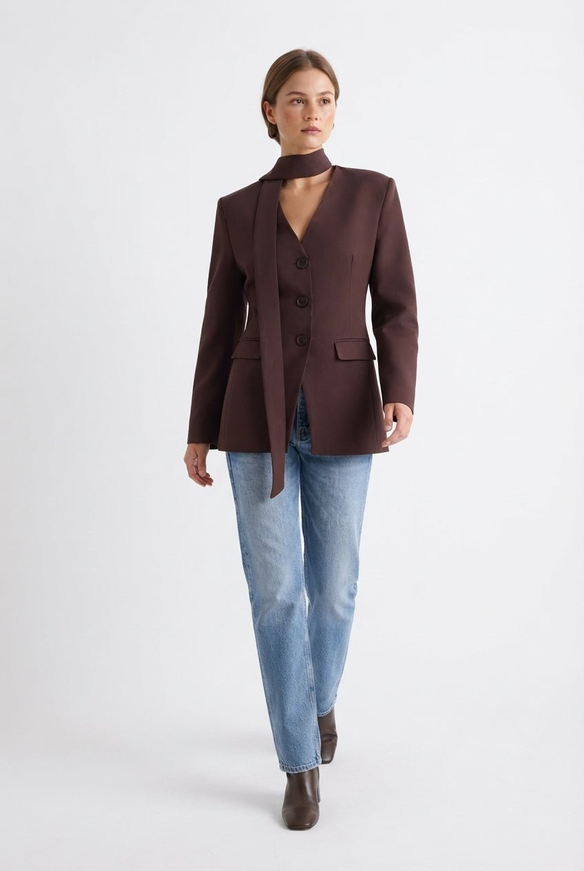 Kahverengi Kendinden Fularlı Fitted/Vücuda Oturan Blazer Ceket - LUMINOIRE