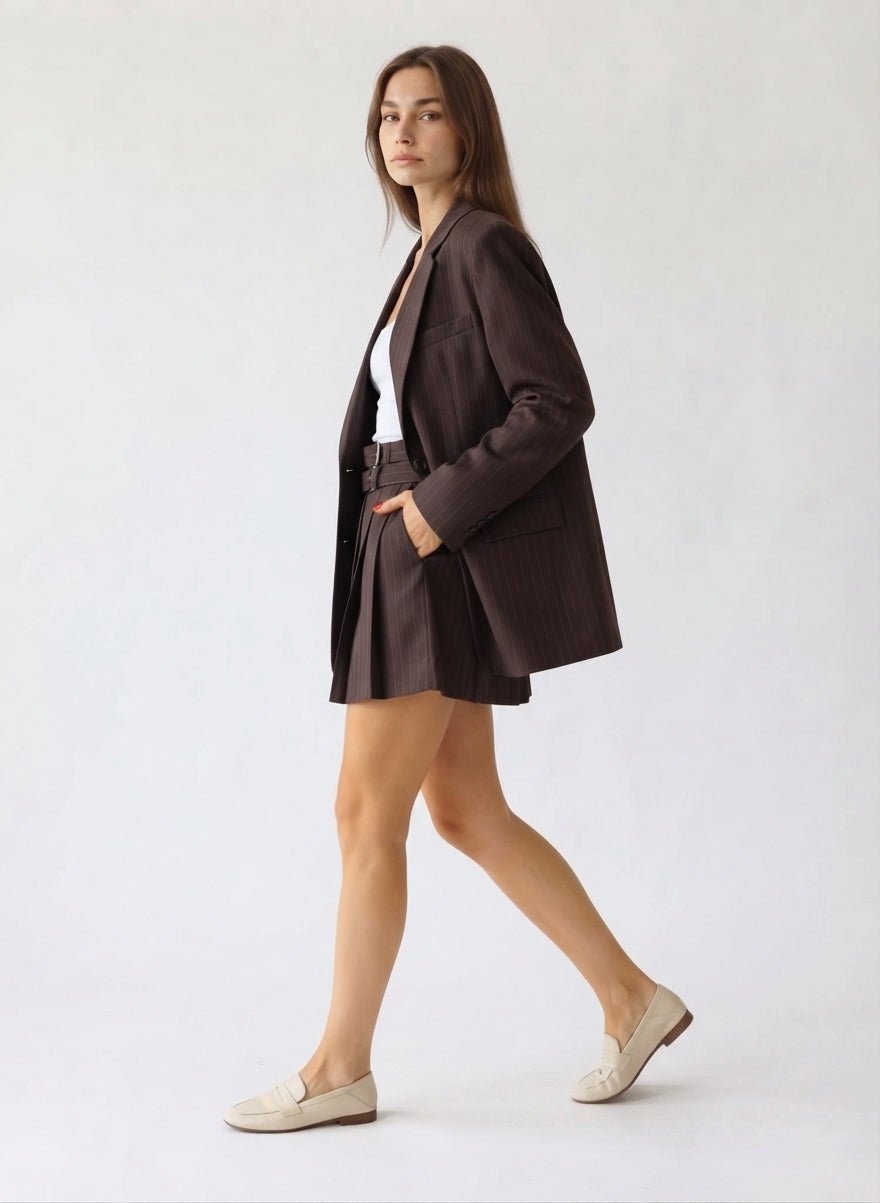 Kahverengi Koyu Mavi Çizgili Oversize Blazer Ceket - LUMINOIRE