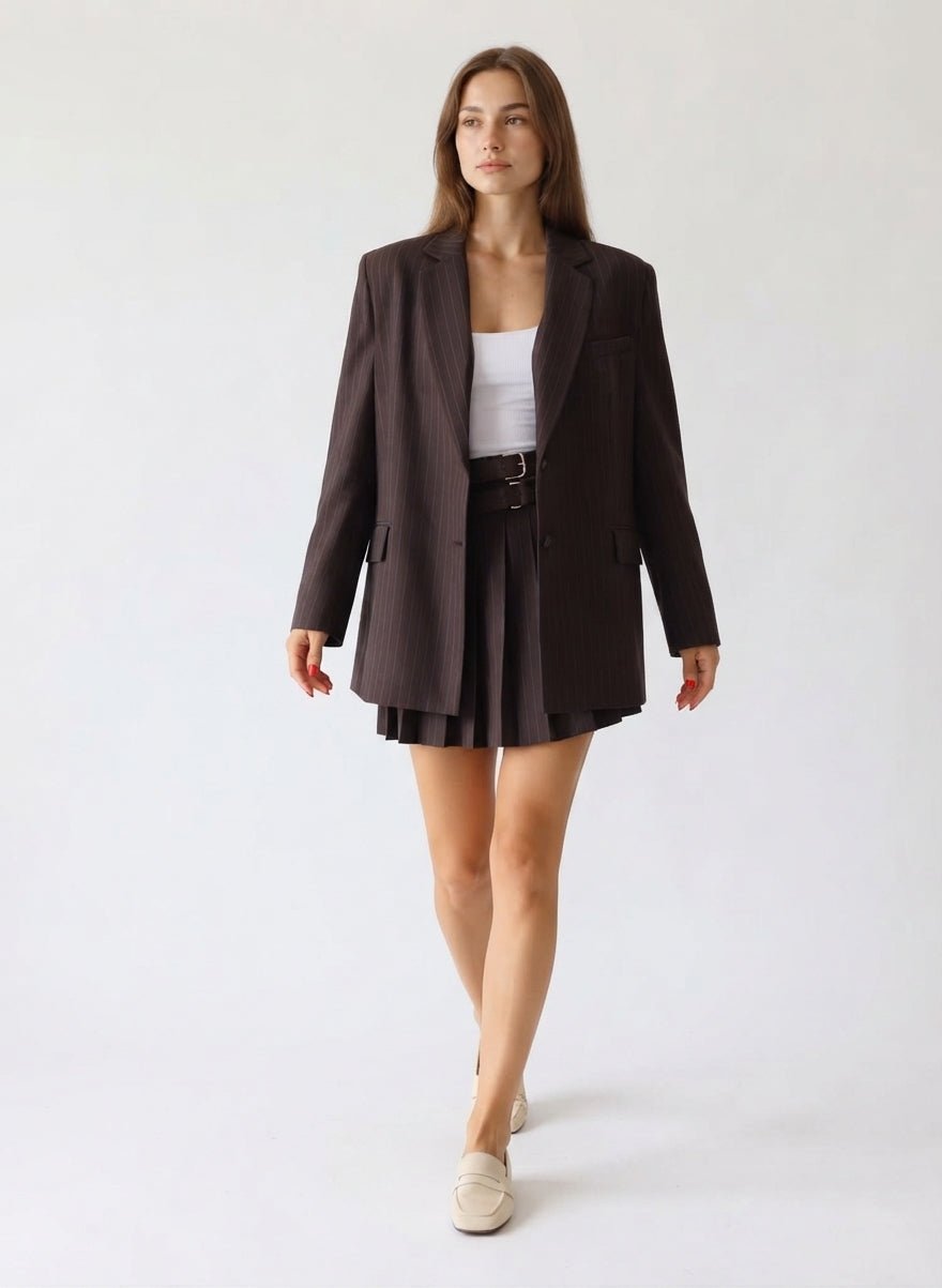Kahverengi Koyu Mavi Çizgili Oversize Blazer Ceket - LUMINOIRE