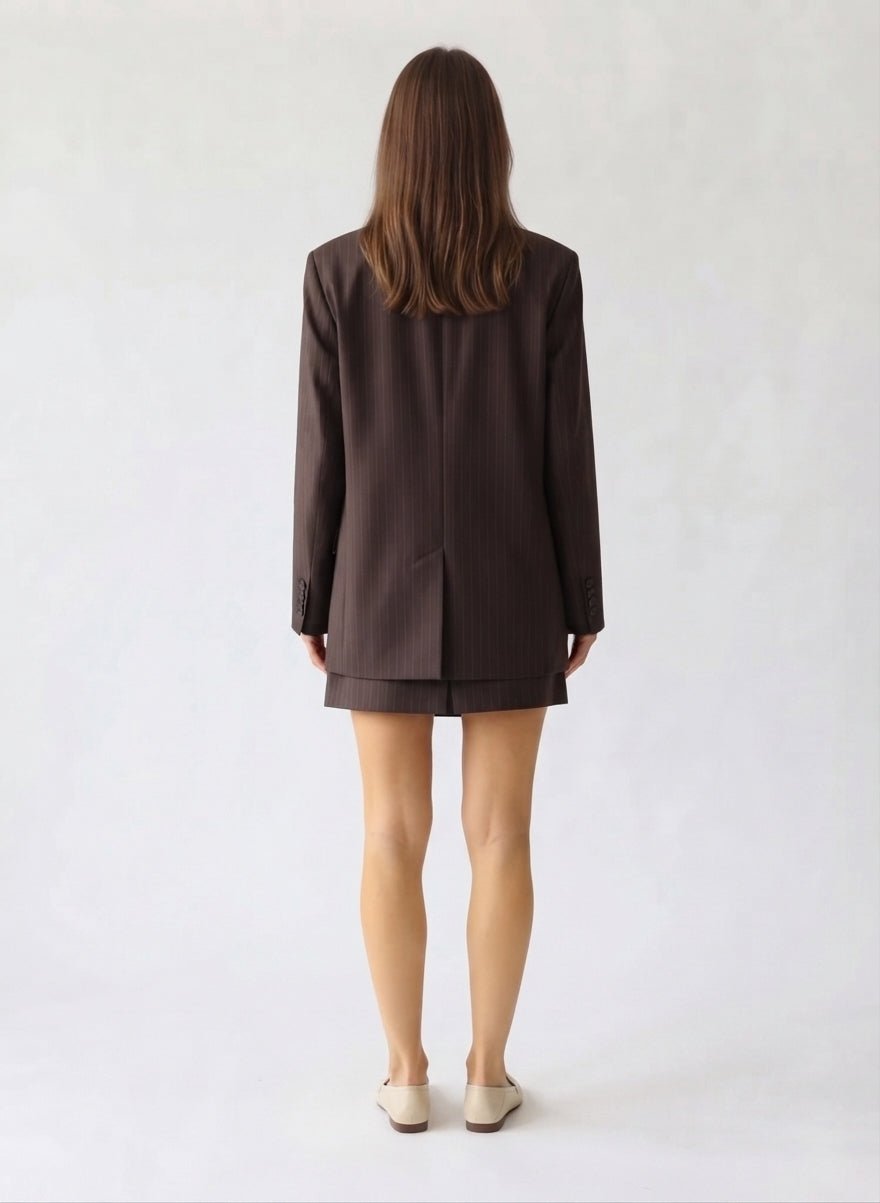 Kahverengi Koyu Mavi Çizgili Oversize Blazer Ceket - LUMINOIRE