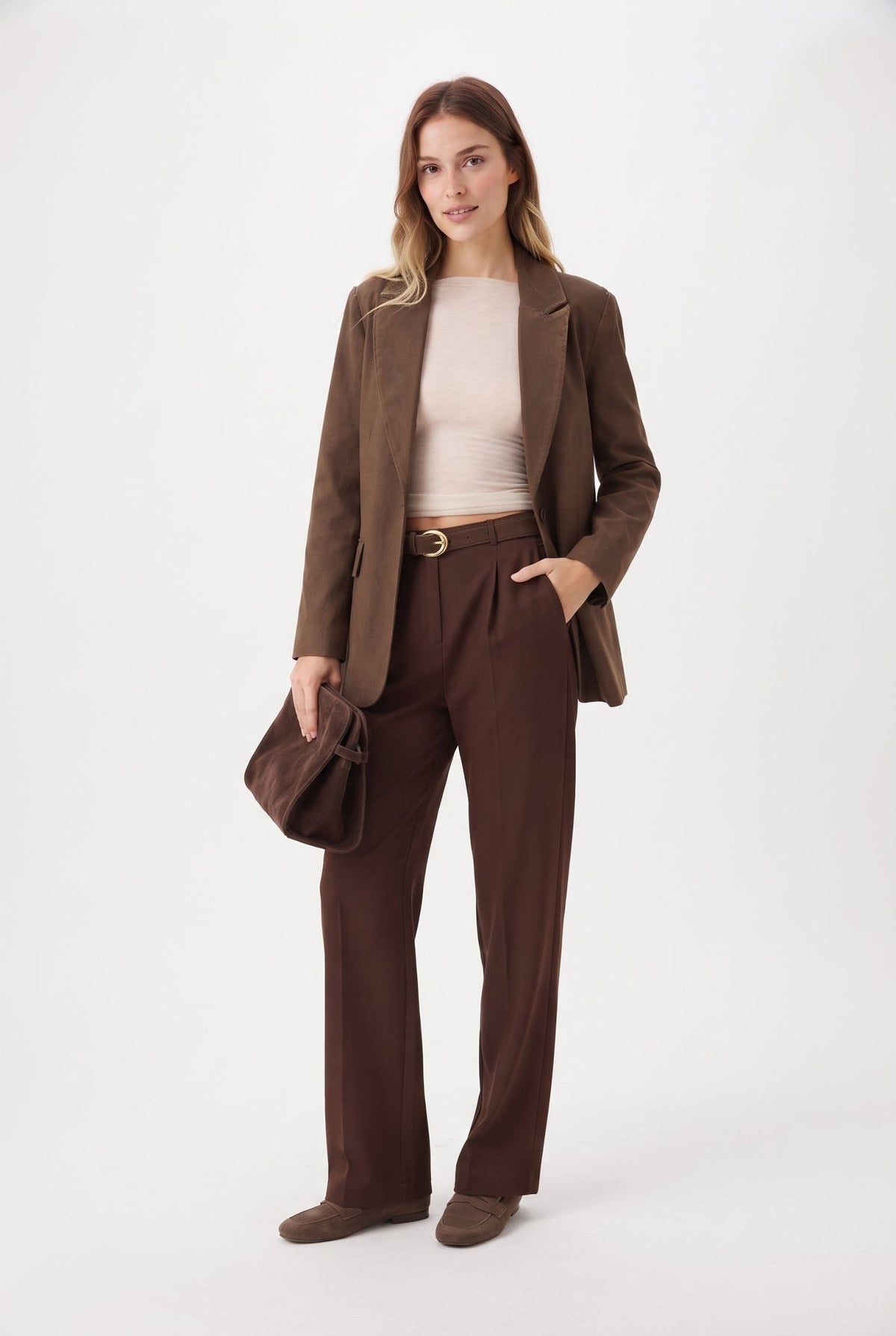 Kahverengi Pilili Wide Leg/Geniş Paça Pantolon - LUMINOIRE