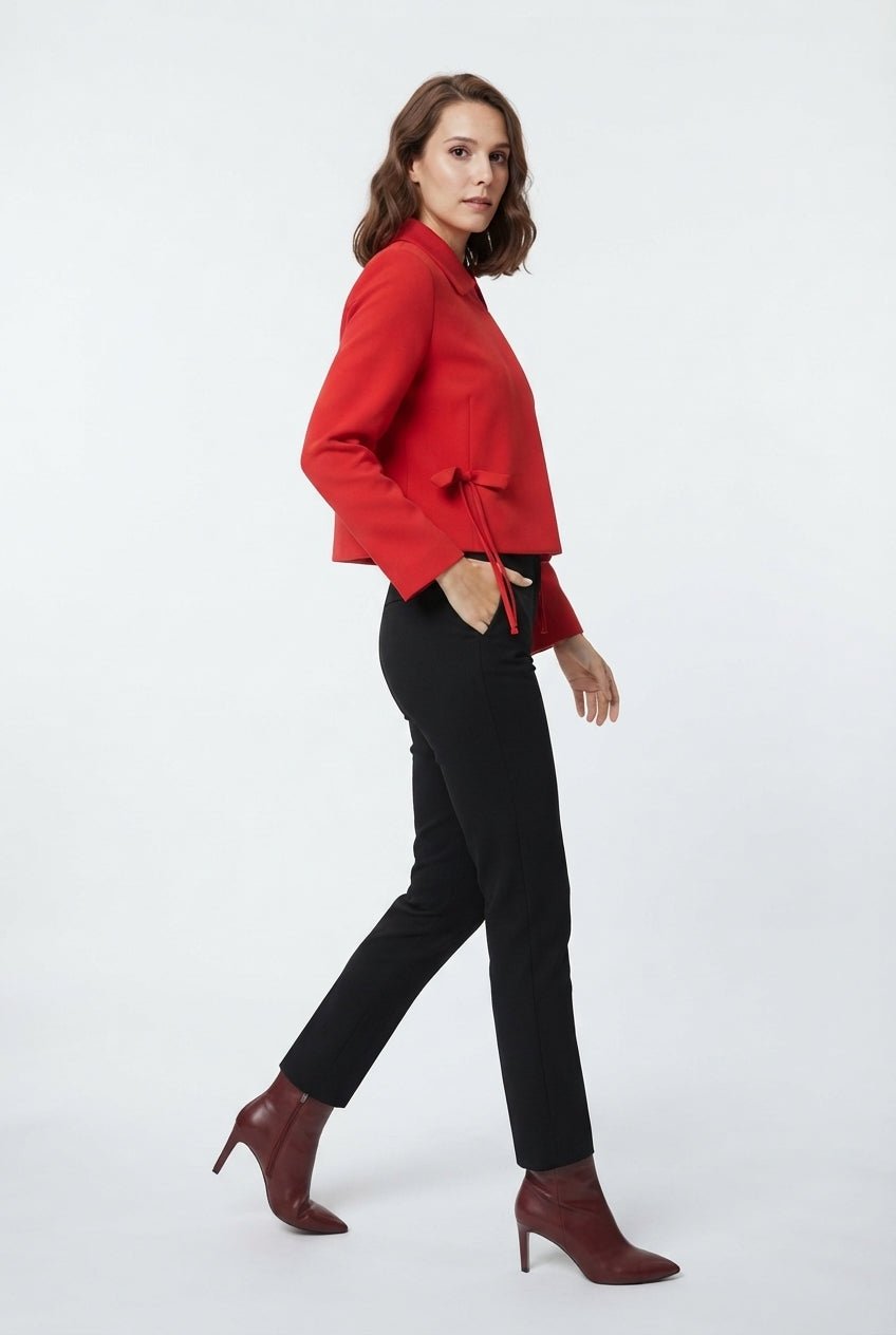 Kırmızı Fiyonk/Kurdele Detaylı Gömlek Yakalı Crop Dokuma Yılbaşı Blazer Ceket - LUMINOIRE