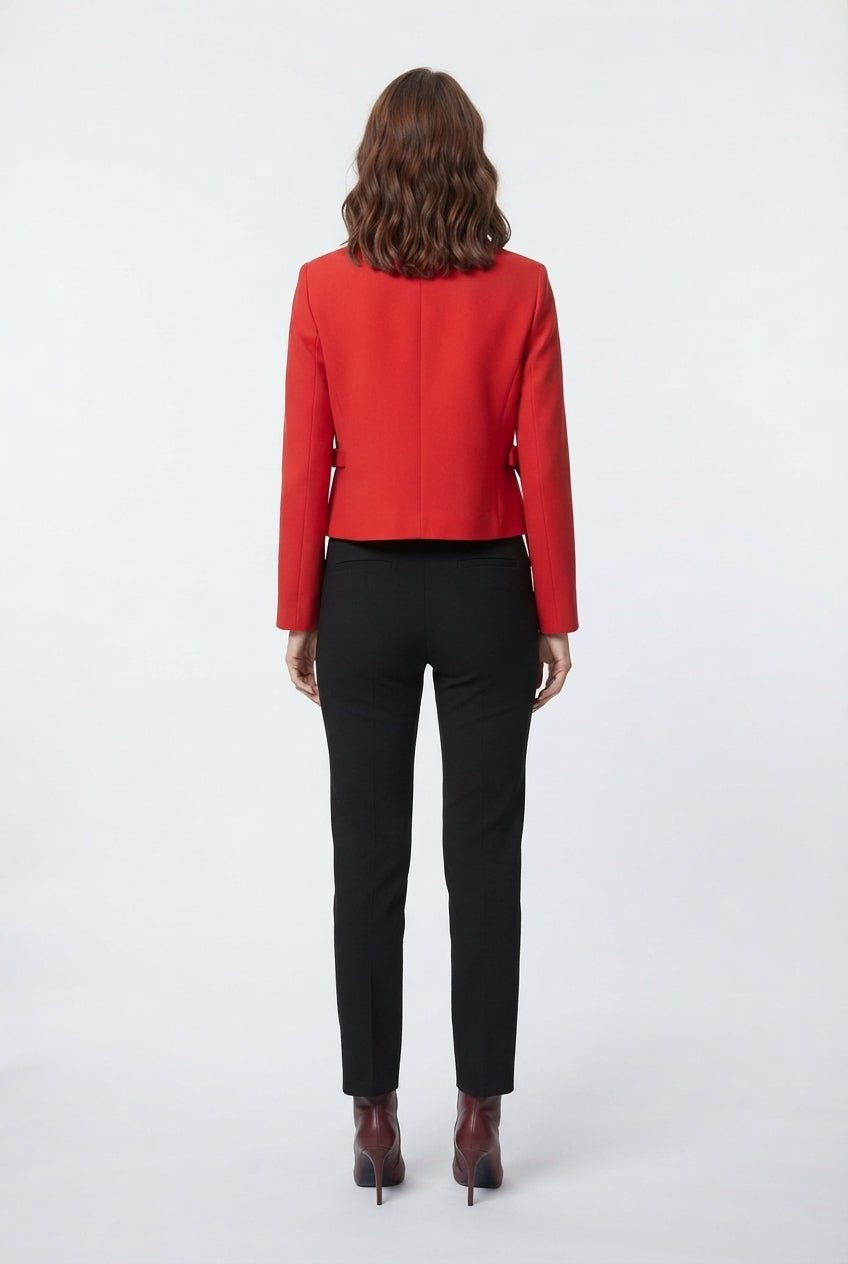 Kırmızı Fiyonk/Kurdele Detaylı Gömlek Yakalı Crop Dokuma Yılbaşı Blazer Ceket - LUMINOIRE