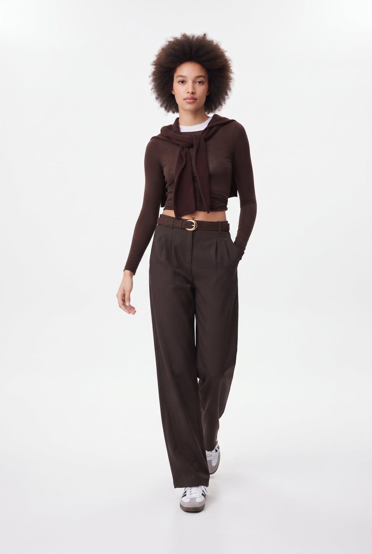 Koyu Kahverengi Wide Leg/Geniş Paça Palazzo Pilili Dokuma Kumaş Pantolon - LUMINOIRE