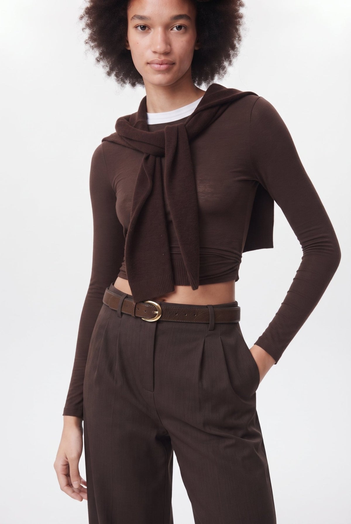 Koyu Kahverengi Wide Leg/Geniş Paça Palazzo Pilili Dokuma Kumaş Pantolon - LUMINOIRE
