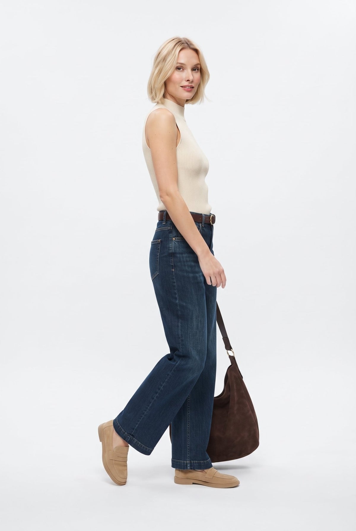 Koyu Mavi Az Esnek Yüksek Bel Wide Leg Geniş Paça Jeans - LUMINOIRE