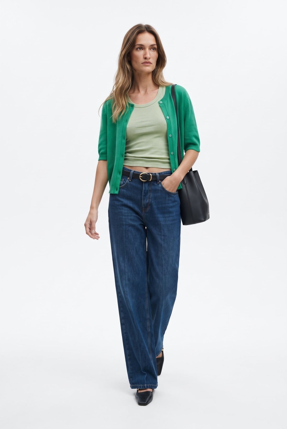 Koyu Mavi Az Esnek Yüksek Bel Wide Leg Geniş Paça Jeans - LUMINOIRE