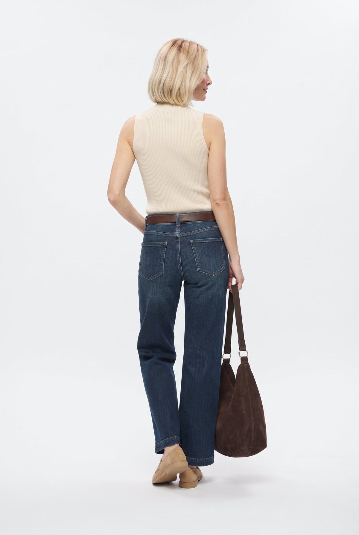Koyu Mavi Az Esnek Yüksek Bel Wide Leg Geniş Paça Jeans - LUMINOIRE