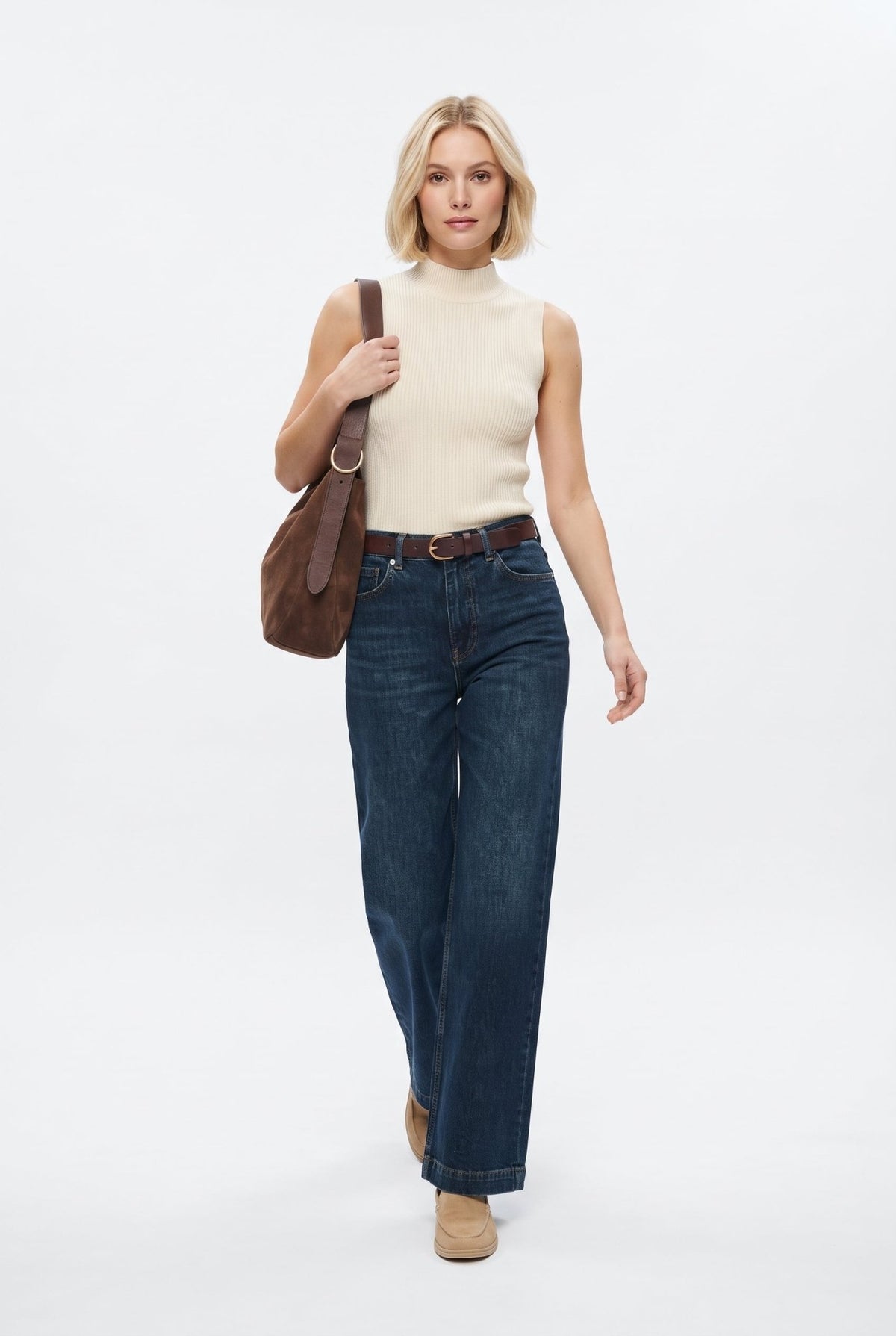 Koyu Mavi Az Esnek Yüksek Bel Wide Leg Geniş Paça Jeans - LUMINOIRE