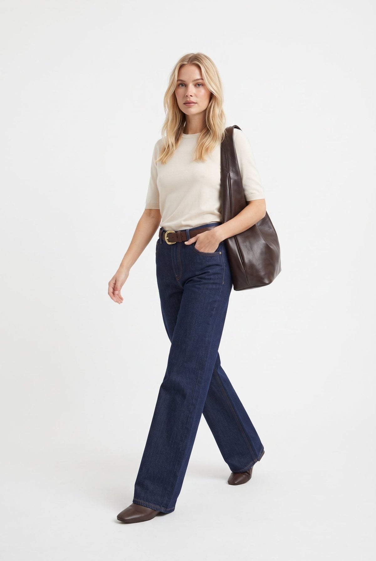 Koyu Mavi Dökümlü Normal Bel Wide Leg Geniş Paça Jeans - LUMINOIRE