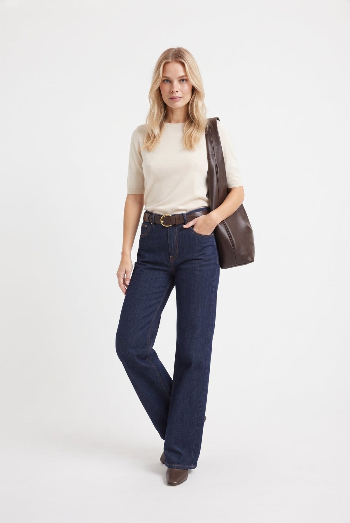 Koyu Mavi Dökümlü Normal Bel Wide Leg Geniş Paça Jeans - LUMINOIRE