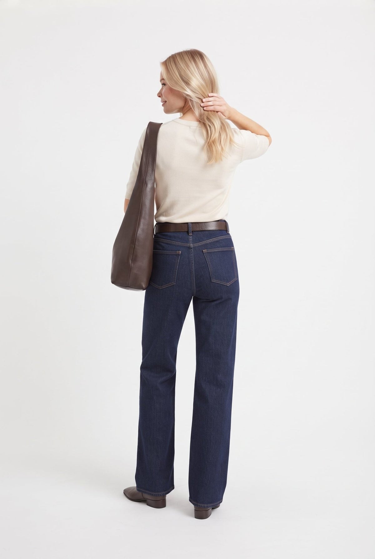 Koyu Mavi Dökümlü Normal Bel Wide Leg Geniş Paça Jeans - LUMINOIRE