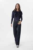Koyu Mavi Yüksek Bel Wide Leg Geniş Paça %100 Pamuk Non-Stretch Jeans - LUMINOIRE