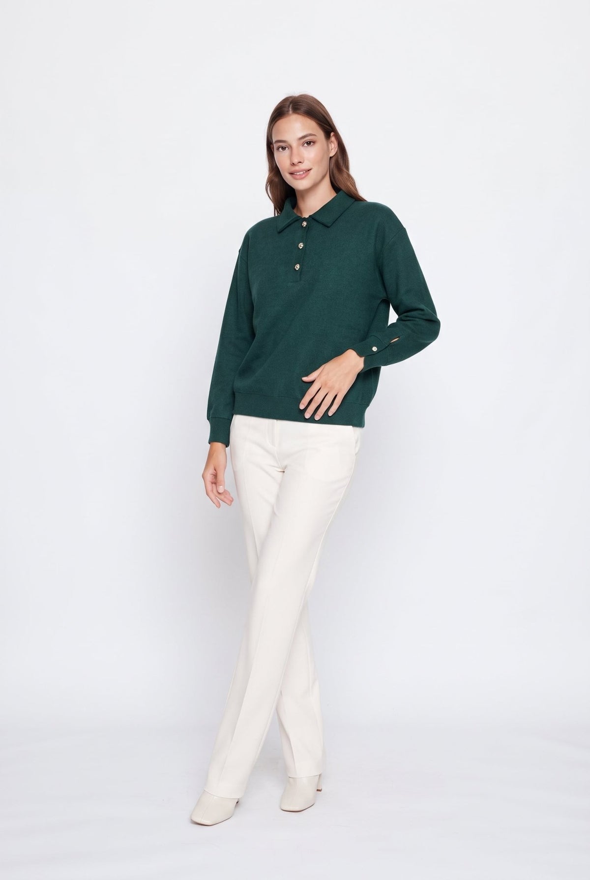 Koyu Zümrüt Yeşili Selanik/Triko Görünümlü Regular Kalıp Düğmeli Örme Sweatshirt - LUMINOIRE