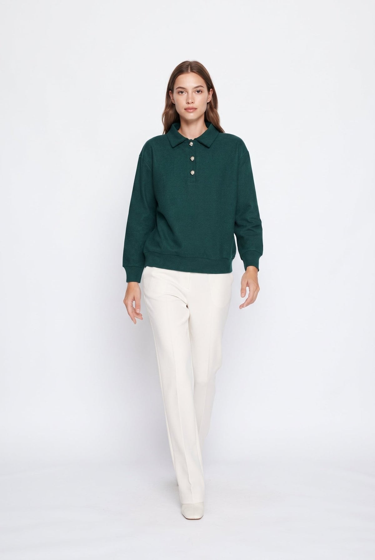 Koyu Zümrüt Yeşili Selanik/Triko Görünümlü Regular Kalıp Düğmeli Örme Sweatshirt - LUMINOIRE