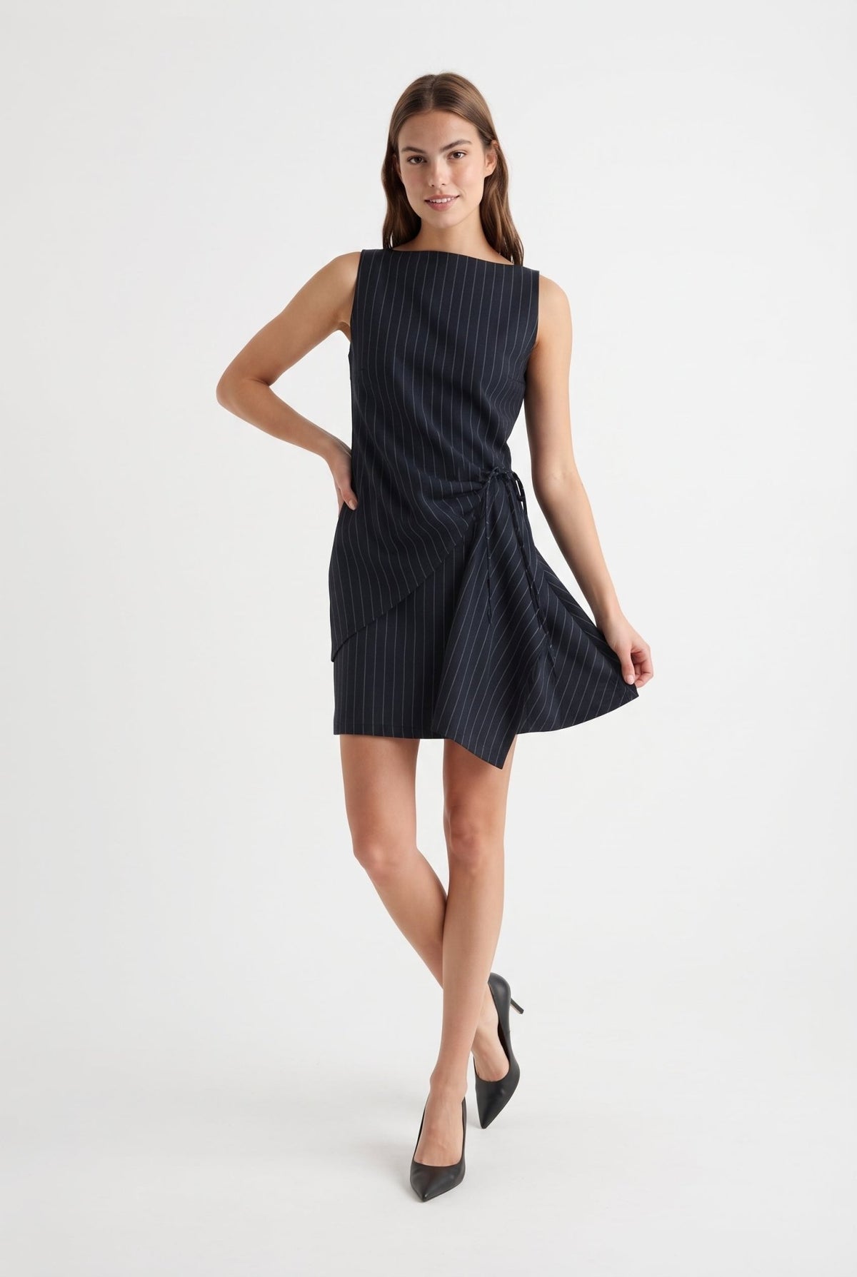 Lacivert Çizgili Bodycon/Vücuda Oturan interlok Bağlama Detaylı Mini Örme Elbise - LUMINOIRE