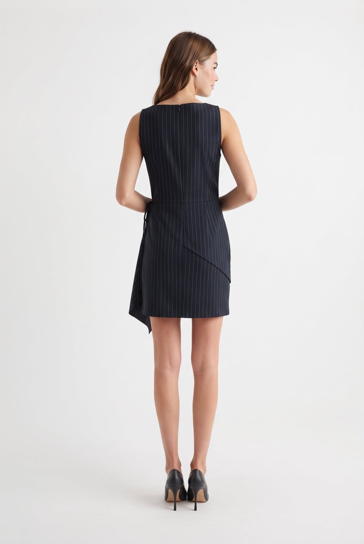 Lacivert Çizgili Bodycon/Vücuda Oturan interlok Bağlama Detaylı Mini Örme Elbise - LUMINOIRE