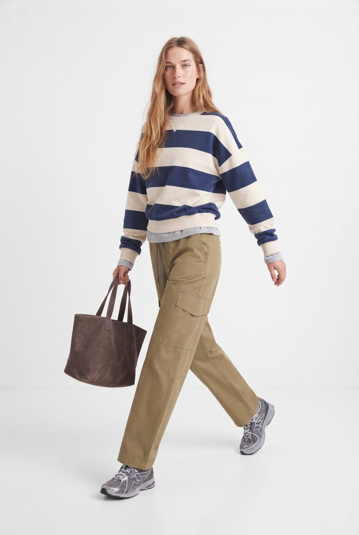 Lacivert Ekru Çizgili Oversize/Geniş Kesim Bisiklet Yaka Örme Sweatshirt - LUMINOIRE