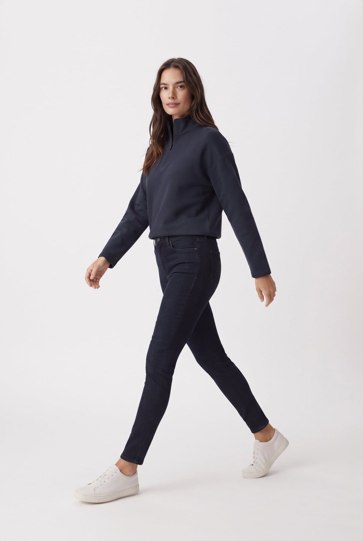 Lacivert Selanik/Triko Görünümlü Fermuarlı Yaka Regular/Normal Kalıp Örme Sweatshirt - LUMINOIRE