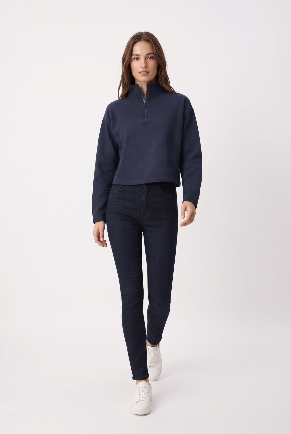 Lacivert Selanik/Triko Görünümlü Fermuarlı Yaka Regular/Normal Kalıp Örme Sweatshirt - LUMINOIRE