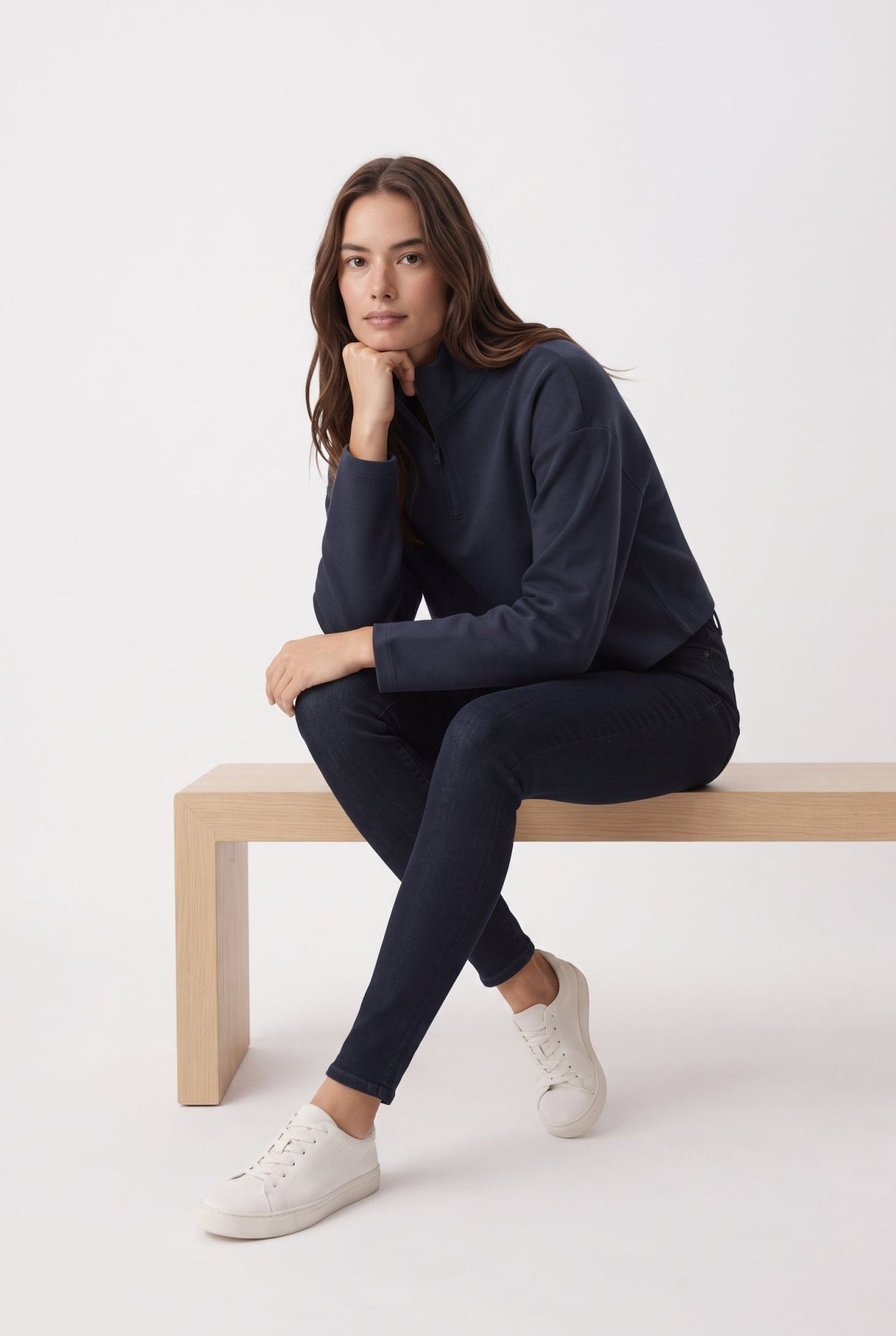 Lacivert Selanik/Triko Görünümlü Fermuarlı Yaka Regular/Normal Kalıp Örme Sweatshirt - LUMINOIRE
