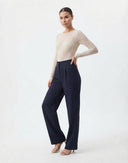 Lacivert Wide Leg/Geniş Paça Dokuma Kumaş Pantolon - LUMINOIRE