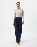 Lacivert Wide Leg/Geniş Paça Dokuma Kumaş Pantolon - LUMINOIRE