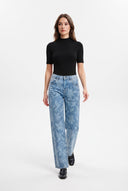 Mavi Çiçek Desenli Orta Esnek Yüksek Bel Wide Leg Jeans - LUMINOIRE