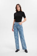 Mavi Çiçek Desenli Orta Esnek Yüksek Bel Wide Leg Jeans - LUMINOIRE