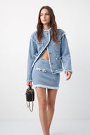 Mavi Dokulu Kumaş Mini Denim Etek - LUMINOIRE