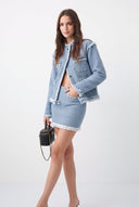 Mavi Dokulu Kumaş Mini Denim Etek - LUMINOIRE