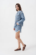 Mavi Dokulu Kumaş Oversize Denim Ceket - LUMINOIRE
