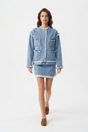 Mavi Dokulu Kumaş Oversize Denim Ceket - LUMINOIRE