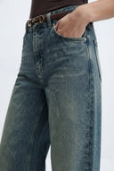 Mavi Soluk Efekt Vintage Yüksek Bel Wide Leg Geniş Paça %100 Pamuk Non-Stretch Jeans - LUMINOIRE