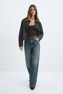 Mavi Soluk Efekt Vintage Yüksek Bel Wide Leg Geniş Paça %100 Pamuk Non-Stretch Jeans - LUMINOIRE
