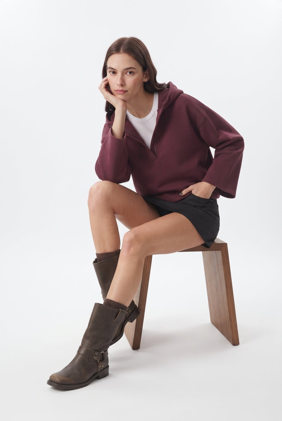 Mürdüm Kalın İçi Polarlı Yarım Pat Fermuarlı Oversize Kapüşonlu Örme Sweatshirt - LUMINOIRE
