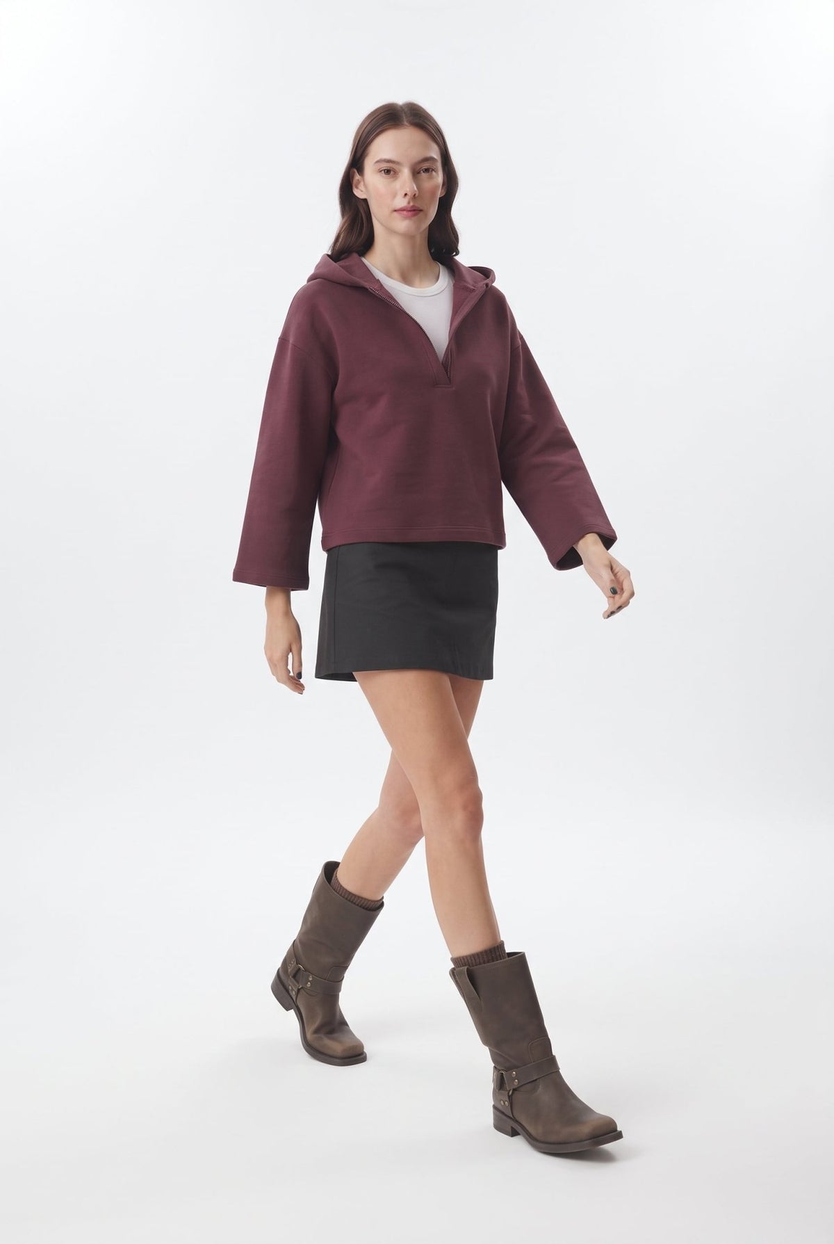 Mürdüm Kalın İçi Polarlı Yarım Pat Fermuarlı Oversize Kapüşonlu Örme Sweatshirt - LUMINOIRE
