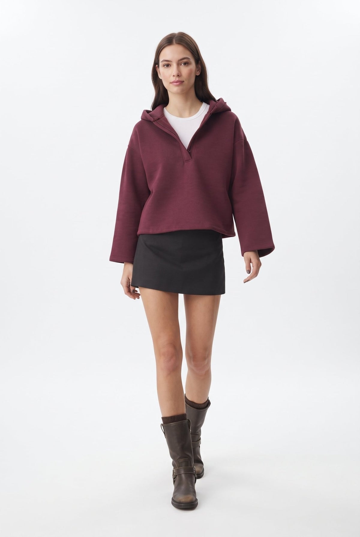 Mürdüm Kalın İçi Polarlı Yarım Pat Fermuarlı Oversize Kapüşonlu Örme Sweatshirt - LUMINOIRE
