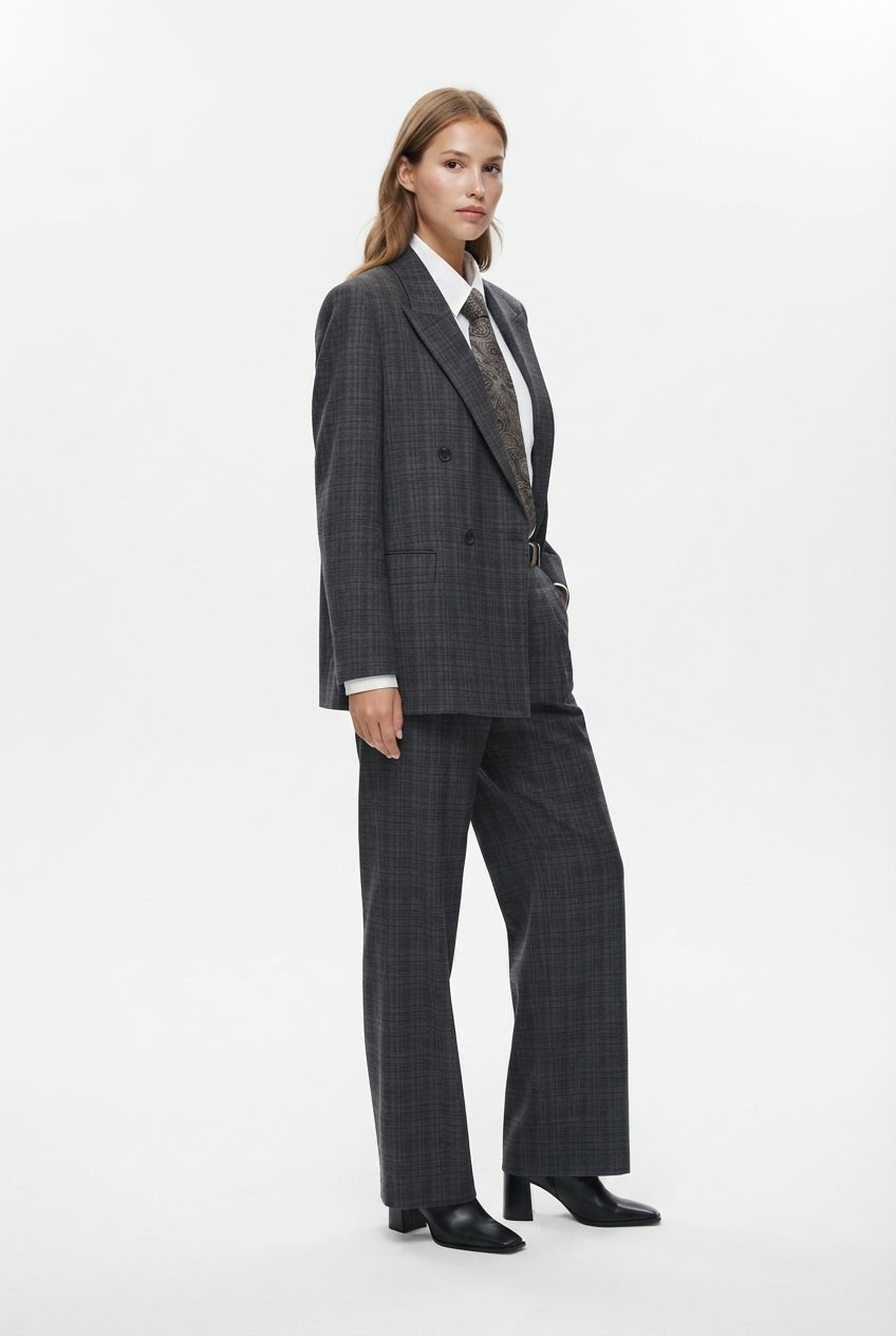 Özel Koleksiyon Antrasit Ekoseli/Kareli Oversize Dokuma Blazer Ceket Blazer Ceket - LUMINOIRE